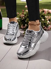 baratos Festa da Vida Noturna-Tênis plataforma chunky com glitter feminino e acabamento metálico, calçados de festa com cadarço da moda para vida noturna e balada