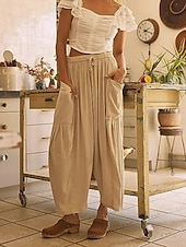 baratos Calça de linho de algodão simples-Mulheres Calças de linho de algodão chinês Moda Básico Casual Comprimento total Cintura Alta Tecido Bolsos Com Cordão Conforto Exterior Micro-Elástica Férias Rua Diário Branco Amarelo fúcsia cáqui
