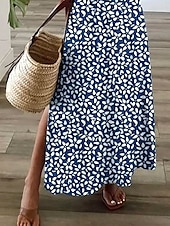 abordables Robes fleuries-Femmes Robe maxi Robe Décontractée Robe d&#039;Été Robe trapèze Élégant Vacances Occasionnel Fête Plage Coupe régulière Fleuri Graphique Manche Courte Col en V Blanche bleu marine Été Printemps