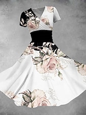 ieftine Rochii florale-Pentru femei Rochii Midi Rochie A line Rochie de vară Rochie Fit And Flare Petrecere Casual Zilnic Concediu Fit regulat Floral Grafic Manșon scurt În V Negru Alb Portocaliu Vară