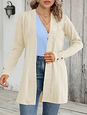 cheap Coats &amp; Trench Coats-Women&#039;s Casual Jacket Breathable Comfortable Buttons Casual Plain Vacation Street Casual Daily Wear Single Breasted Regular Collarless Regular Fit Long Sleeve Outerwear Black Apricot Gray Fall Winter