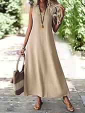 abordables Robe blanche-Femmes Robe maxi Robe trapèze Robe d&#039;été Occasionnel Quotidien Coupe Ample Uni Sans manches Col en V Noir Rouge Bleu Abricot Été
