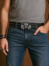 abordables Accessoires d&#039;Halloween-Ceinture en cuir cloutée pour homme avec motif squelette et os croisés, style gothique vintage pour les fêtes d&#039;Halloween, la mode punk et les vêtements décontractés