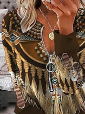 levne Boho topy-Svetr s čtvrtovým zipem pro ženy tribal ležérní dlouhý rukáv kulatý výstřih běžné kusy každodenní nošení potisk hnědý podzim zima