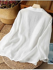 cheap Shirts-Women&#039;s Cotton Linen Blazer Solid Color Stylish Basic Casual Long Sleeve Shirt Collar Regular Tops Work Daily Buttons White Yellow Summer