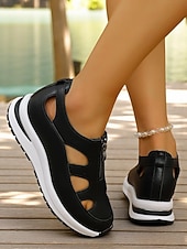 abordables Sandalias Deportivas-Sandalias deportivas blancas para mujer con diseño recortado, zapatos ligeros con cremallera para caminatas cómodas, viajes activos y recados diarios.