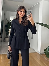 baratos Terninhos de calça da mamãe-Macacão  Conjunto de Calças 2 Peças Conjunto de Mãe da Noiva Conjunto de Calças com Blazer Sem Gola Elegante Vintage Simples Mangas Longas Comprimento do Chão Calças com Detalhes de Pregas