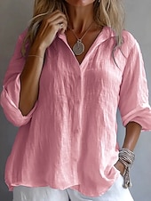 cheap Shirts-Women&#039;s Shirt Solid Color Plain Stylish Casual Long Sleeve Shirt Collar Regular Tops Daily Holiday Buttons White Yellow Pink Blue Summer Spring
