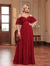 baratos VERMELHO-Linha A vestidos de quinceanera Elegante Vestido Formal Casamento Longo Sem Manga Com Alças Finas Chiffon Sem parte Traseira com Pregas 2025