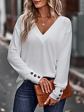 billige Plain t-skjorte-Dame Bluse Helfarge Stilfull Fritid Langermet V-hals Vanlige topper Daglig Knapper Svart Hvit Vin Militærgrønn Navyblå Sommer Vår