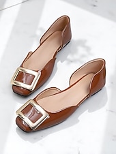 tanie Buty na płaskim obcasie damskie-damskie czarne lakierowane baleriny ze złotą klamrą, elegancki kwadratowy nosek, buty wsuwane do biura i na co dzień