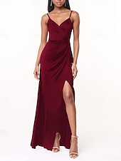 cheap Bridesmaid Dresses-A-Line Bridesmaid Dress V Neck / Spaghetti Strap Sleeveless Elegant Floor Length Charmeuse with Split Front / Ruching