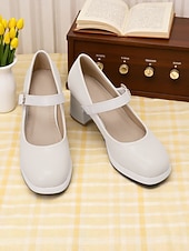abordables Retro de los años 50-Tacones Mary Jane mod de los años 50 para mujer: zapatos retro de tacón grueso con punta redonda en azul y blanco con correa para atuendos vintage, fiestas de té o uso diario.
