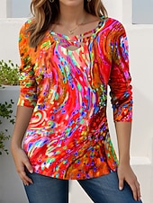 ieftine tricou Art &amp; Design-Pentru femei Tricou Grafic Geometric Abstract Stilat Modern Casual Manșon Lung În V Topuri obișnuite Zilnic Eliminat Imprimeu Roșu-aprins Albastru piscină Mov Trifoi Primăvară Toamnă