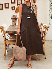 preiswerte Weißes Kleid-Damen Maxikleid A Linie Kleid Sommerkleid Lässig Täglich Normale Passform Einfach Ärmellos Rundhalsausschnitt Wein Blau Braun Grün Sommer