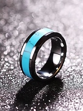 economico Gioielli da uomo-Anello da uomo in acciaio inossidabile con intarsio turchese blu, fascia lucida comfort fit, gioiello in stile western da indossare ogni giorno, matrimoni o regali