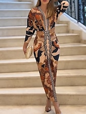 billige Boho-kjoler-Dame Midikjole Wrap-kjole Ferie Fritid Bohem utendørs Ut på byen Strand Løstsittende Blomstret Grafisk Paisly Langermet V-hals Oransje Sommer Vår