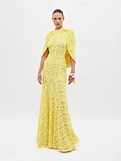 abordables JAUNE-Sirène / Trompette Robe de Soirée Élégant Robe Formel Mariage Longueur au sol Manche Courte Col haut Dentelle avec Châle 2025