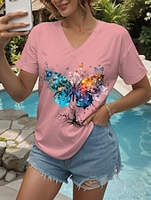 ieftine Tricou cu animale-Pentru femei Tricou Grafic Animal Fluture Epocă Stilat Clasic Manșon scurt În V Topuri obișnuite Zilnic Ieșire Sfârșit de săptămână Imprimeu Negru Alb Galben Roz Îmbujorat Roșu-aprins Vară Primăvară