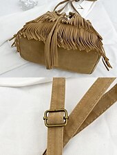 tanie Torby na ramię-damska torebka typu wiaderko ze sztucznego zamszu z frędzlami – boho torebka typu crossbody ze ściągaczem na niezobowiązujące wyjścia, festiwale i codzienne noszenie