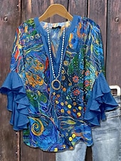preiswerte Blumenoberteile-Damen Bluse Blumen Grafik Gestreift Elegant Bohemien Ethnisch Dreiviertelarm V Ausschnitt Normale Oberteile Täglich Ferien Urlaubskleidung Rüsche Druck Rosa Blau Staubiges Blau Grün Khaki Sommer