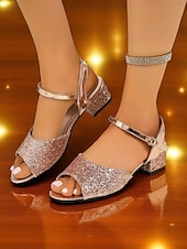 abordables Fiesta Nocturna-Sandalias de tacón cuadrado con purpurina en oro rosa para mujer: zapatos de fiesta brillantes con punta abierta y correa en el tobillo para eventos nocturnos y clubes.