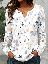 preiswerte Boho-T-Shirt-Damen T Shirt Blumen Grafik Pflanzen Vintage Stilvoll Klassisch Langarm V Ausschnitt Einkerbiger Ausschnitt Normale Oberteile Täglich Druck Khaki Rosa Leicht Blau Frühling Herbst