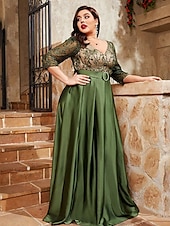 economico VERDE-Abito da sera A-Line elegante abito formale da matrimonio lungo fino al pavimento maniche a 3/4 scollo a V satinato schiena a V con pieghe