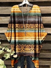 preiswerte Damen Streifen- und geometrische Oberteile-Damen Boho-Hemd Blumen Grafik Geometrisch Elegant Bohemien Aktiv Kurzarm Fledermaus Ärmel Rundhalsausschnitt Normale Oberteile Täglich Ferien Strandbekleidung Druck Weiß Gelb Rote Blau Purpur Sommer
