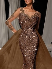 cheap Evening Dresses-Brown Mermaid / Trumpet Evening Gown Elegant Dresse Embroidered Lace Applique Formal Wedding Floor Length Long Sleeve Crew Neck Tulle with Sequin Skirt