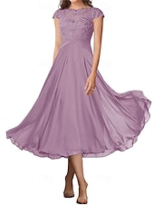 billiga Te Längd-A-linjeformad bröllopsfestmammas klänning elegant enkel krage ankellängd chiffon kort ärm med veck solid färg