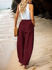 preiswerte Schlichte Hose aus Baumwollleinen-Damen Hose aus Baumwollleinen Basic Volle Länge Hohe Taille Einfach Tasche Komfort Außenbereich Mikroelastisch Urlaub Straße Lässig Schwarz Rosa Wein Marineblau Sommer Frühling Herbst Lässiger Schnitt
