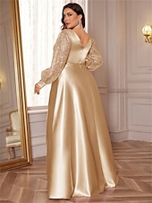 abordables VERT-Robe A-Line Grande Taille Élégante Robe Courbe De Mariage Formelle Longue Au Sol Manches Longues Col en V En Polyester Avec Plis 2025