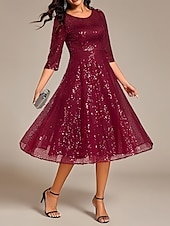cheap Wedding Guest Dresses-A-Line Wedding Guest Dresses Elegant Dress Wedding Guest Homecoming Knee Length Half Sleeve Crew Neck Sequined with Pleats Sequin