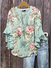 preiswerte Blumenoberteile-Damen Bluse Blumen Grafik Gestreift Elegant Bohemien Ethnisch Dreiviertelarm V Ausschnitt Normale Oberteile Täglich Ferien Urlaubskleidung Rüsche Druck Rosa Blau Staubiges Blau Grün Khaki Sommer