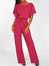 olcso party jumpsuits-női jumpsuit elegáns öves derék piros széles szárú kerek nyakú rövid ujjú egyszínű party munka alkalmi tavaszi nyári ruházat ruházat