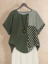 billige Kvinne Striper &amp; Geometriske Topper-Dame Bluse Grafisk Polkadotter Stripet Grunnleggende Kortermet Crew-hals Vanlige topper Ferie Knapper Trykt mønster Svart Navyblå Grønn Sommer Vår