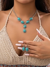 economico Collana da donna-Set di gioielli da donna in turchese – collana con ciondolo ovale vintage placcato argento e orecchini pendenti per stile boho, festival estivi e feste in spiaggia