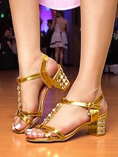 voordelige Hakken Sandalen-Gouden damessandalen met blokhak en strass-bandje - glamoureuze feestschoenen voor het nachtleven, clubevenementen en speciale avonden