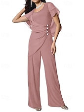 abordables Combinaisons pour maman-Combinaison cape / tailleur-pantalon robe mère de la mariée élégante simple minimaliste col rond longueur au sol mousseline manches courtes avec boutons en cristal 2025