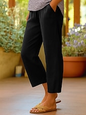 economico Pantaloni in lino e cotone semplici-Pantaloni da donna in cotone e lino, stile etnico vintage, alla caviglia, vita alta, tinta unita, comodi, traspiranti, morbidi, microelastici, verde militare, rosso scuro, nero, bianco, estivi, primaverili, vestibilità ampia.