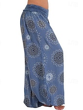 baratos perna larga e cintura alta-Mulheres Calças Calças Harem Calça Palazzo Moda Boho Comprimento total Cintura Média Imprimir Cintura elástica Confortável Micro-Elástica Rua Roupa Diária Para Noite Preto Amarelo Verde Tropa Azul