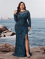 preiswerte BLAU-Meerjungfrau  Trompeten Plus Size Kleider ElegantesKurvenkleid Formal Hochzeit Bodenlang Lange Ärmel Rundhals Polyester mit Schlitz