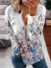 billiga Boho-toppar-Dam Blus Blommig Dagligen Stylish Långärmad Rund hals Vanliga toppar Dagligen Utekväll Mönster Fjärdedels blixtlås Vit Vår Höst