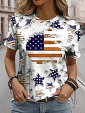 ieftine Ziua Independenței Top-Tricou Patriotic pentru Femei cu Grafic Steag Steag Casual Roșu Alb și Albastru cu Mâneci Scurte Guler Rotund Regulamentar pentru Imprintat Zilnic Roșu Vara