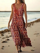 cheap Print Floral Dresses-Women&#039;s Long Dress Maxi Dress Casual Dress Tank Dress Summer Dress African Daily Holiday Beach Regular Fit Floral Sleeveless V Neck Wine Burgundy Navy Blue Blue Summer