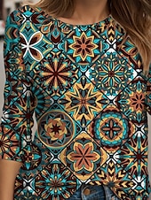 ieftine tricou floral-Pentru femei Bluză Grafic Elegant Boemia Casual Manșon Lung Stil Nautic Rotund Topuri obișnuite Zilnic Ieșire Costum de plajă Imprimeu Galben Albastru piscină Mov Trifoi Vară Primăvară
