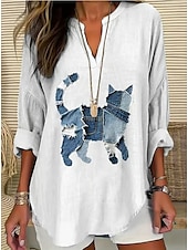 preiswerte Kunst &amp; Design Blusen-Damen Bluse Leinenoptik Atmungsaktiv Leicht Tunika V-Ausschnitt Langarm Boho Lässig Sommer Tops Grafik Tier Katze Vintage Tropisch Reguläre Tops Alltag Druck Schwarz Weiß Blau Himmelblau
