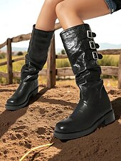 olcso Slouch Boots-Női barna műbőr térdig érő csizma tripla csatos pántokkal – western lovagló stílus őszi szettekhez, farmi napokra és szabadtéri viseletre