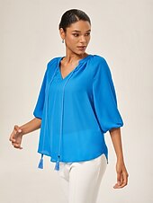 abordables Blouses &amp; Shirts-Blue Chiffon Ruched Vacation Top